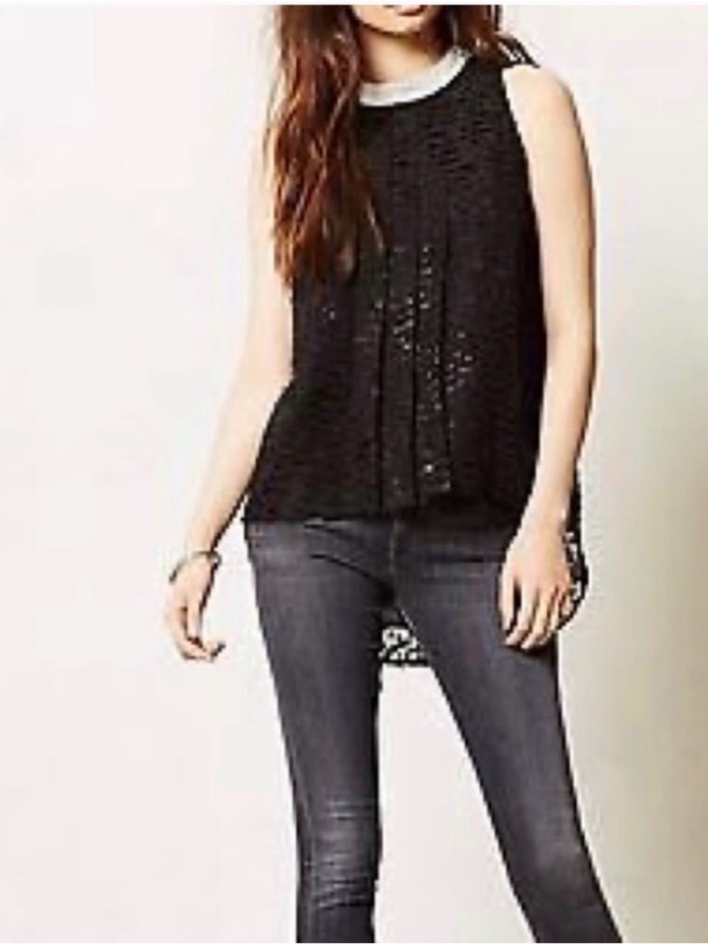 Sachin Babi Black Lace Pearl Beaded Mock Neck Hi-Low Swing Top 6 - Picture 4 of 8
